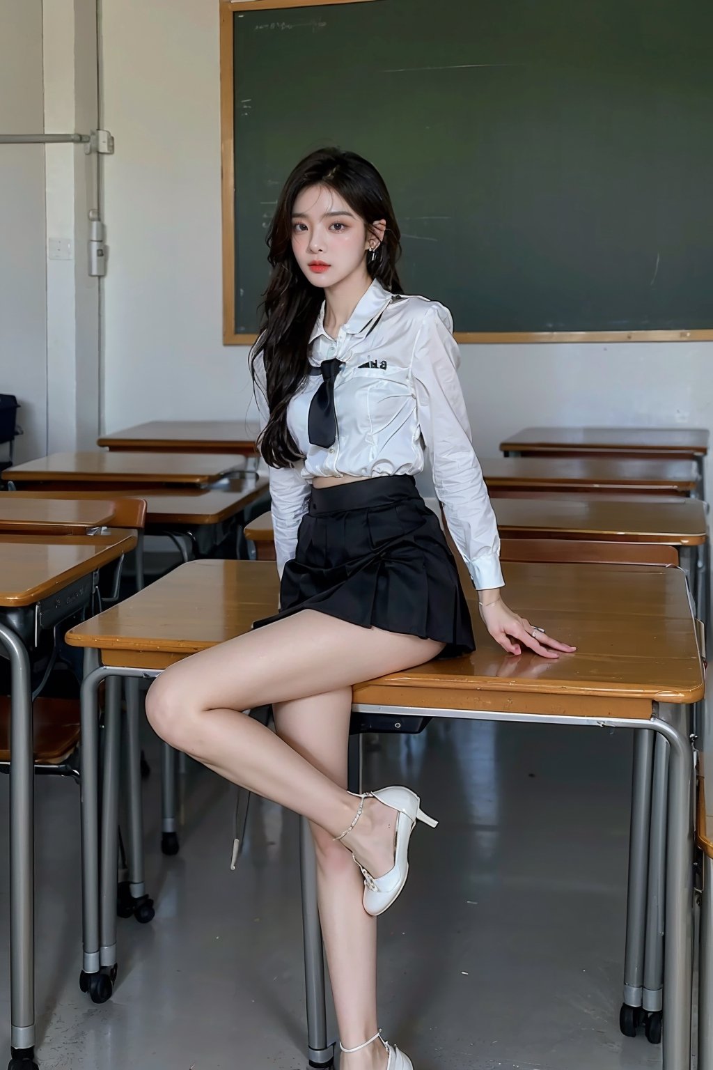 1 Korean girl,female high school student,black long high ponytail,high school,classroom,blurry background,bright,depth of field,earrings,from below,full body,long beauty legs,From below,Looking up,Shoes close to the camera,brown high school uniform, dark pleated skirt,very very short skirt,(Show the top of the thighs and butt), leather shoes,Sitting posture,jewelry,lips,long hair,looking at viewer,motion blur,parted lips,school,solo,Nice legs and hot body,full body to the feet, sit pose, sexy sit pose