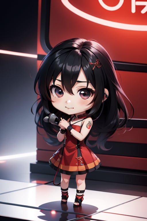 Masterpiece, high quality ,  (((((chibi))))) Beautiful young girl, long black hair, holding a microphone, wearing a gorgeous and seductive red dress, (((style anime))),
 Super Detail, Full HD