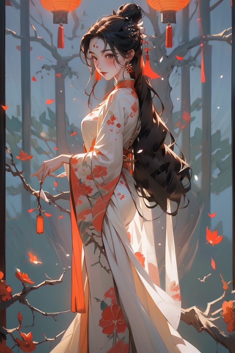 Hanama wine, 1girl, lantern, long hair, black hair, solo, dress, branch, white dress, jewelry, water, chinese clothes, hair ornament, night, hair bun, facial mark, full body, flower, petals, tree, light, holding,anime,szhf dress,winterhanfu,chinese_painting,Chinese style