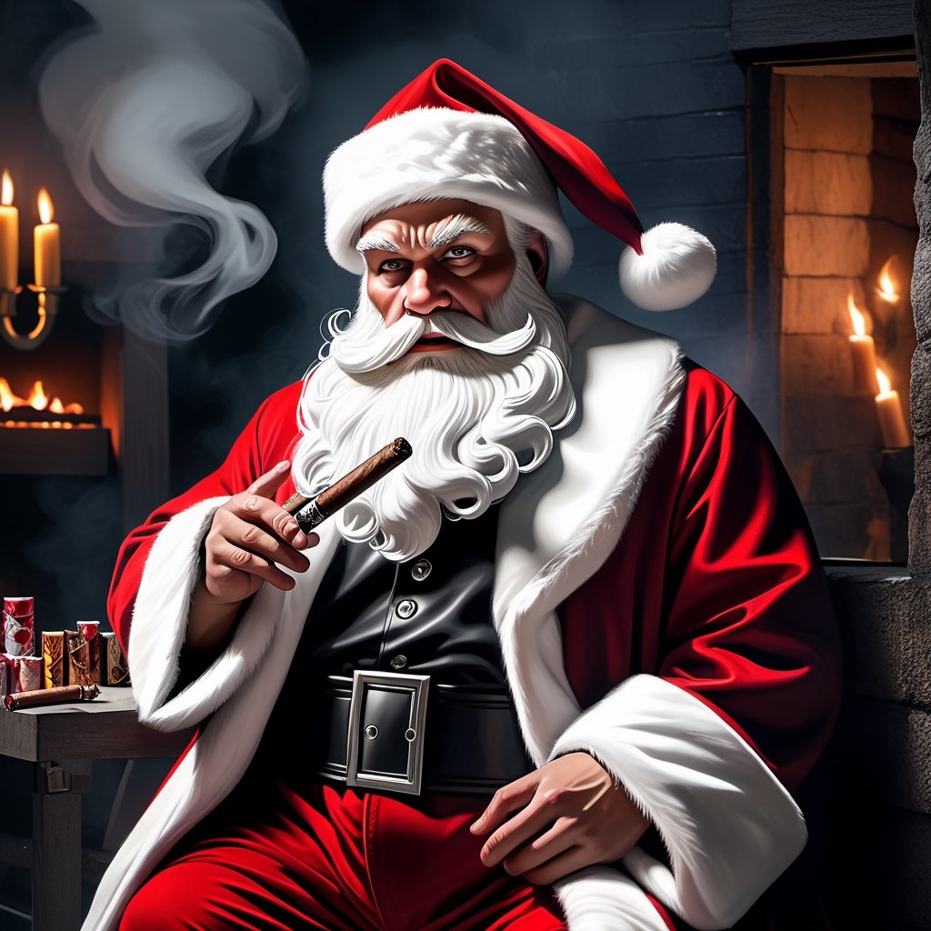 Masterpiece, hyper realistic photography, high quality, in the parallel world to us, Santa Claus is a dark side character, ((((((white skin)))))). He looks quite like mafia with all black Santa Claus clothes, cruel face, smoking a big cigars. Standing at a death atmosphere place,Unique Masterpiece.