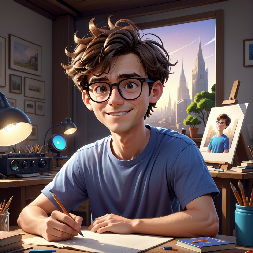 masterpiece artwork, best quality,  

Cartoon Illustration, 
a young man named Mark, with short brown hair with a slightly messy yet intentional style. wearing eyeglasses, a classic T-shirt, sitting in his studio , hands on the table,  portrait, smiling,

8k, octane render, natural lighting, hyperrealistic, 
3d cartoon, extremely detailed, dynamic angle, 
magic, surreal, fantasy, digital art, UHD, cinematic perfect light,