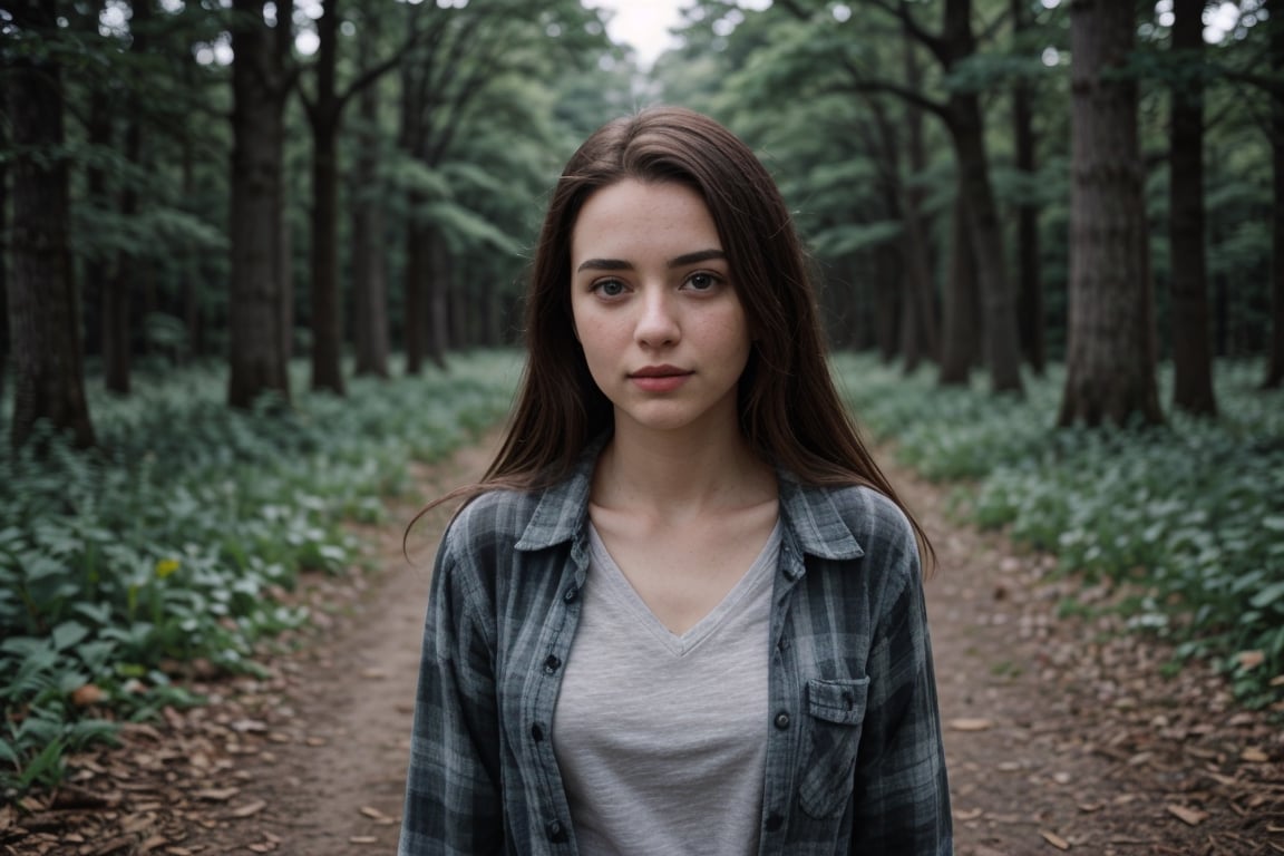 Photo of beautiful 24 y.o Kate Mildrew, blonde hair,  blue eyes, detailed eyes, pale skin, an air of superiority, forest, hiking,  outfitters grey with black stripes flannel shirt, cute, how do you feel, happy, hyper-realistic, Photograph, walking by my side, rule of thirds, harmony