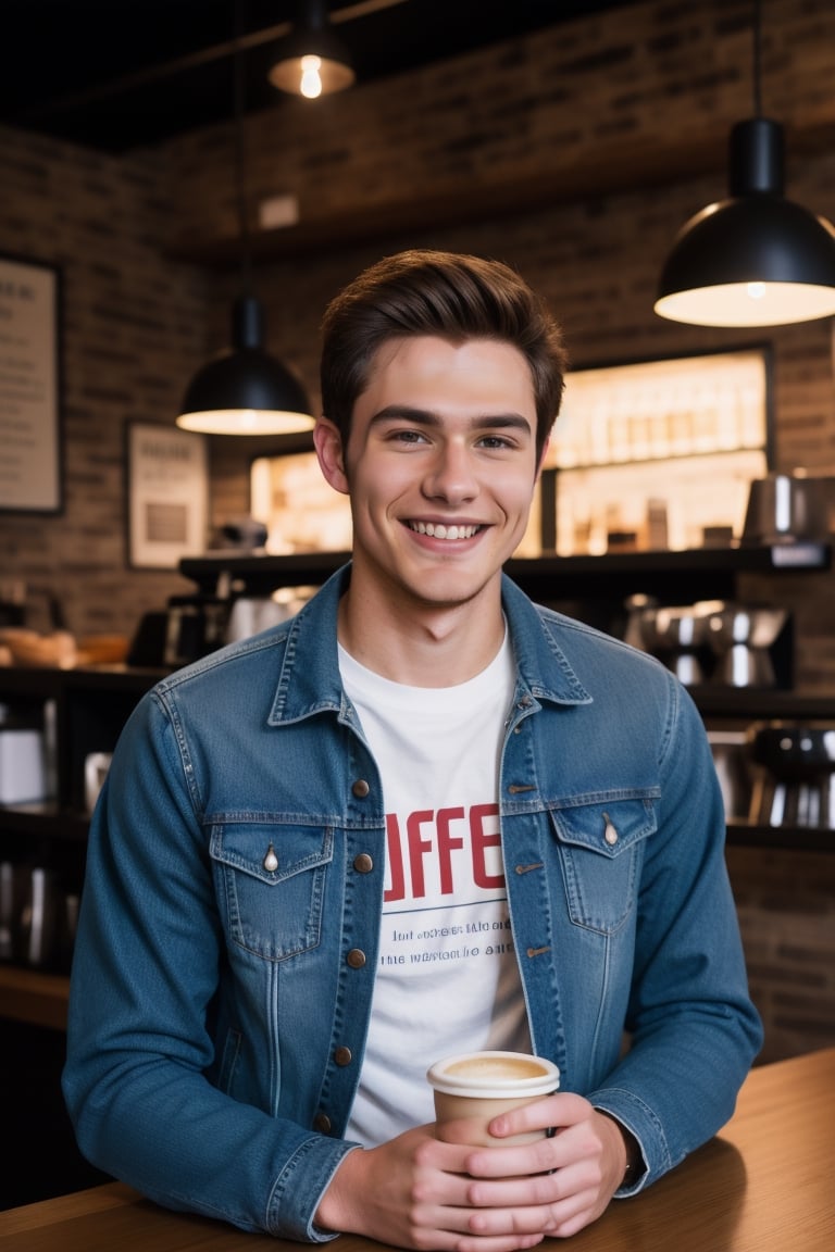 A young 22 year old handsome man smiling name Chris wearing a jean jacket and t-shirt in the coffee shop at night high details 4k 