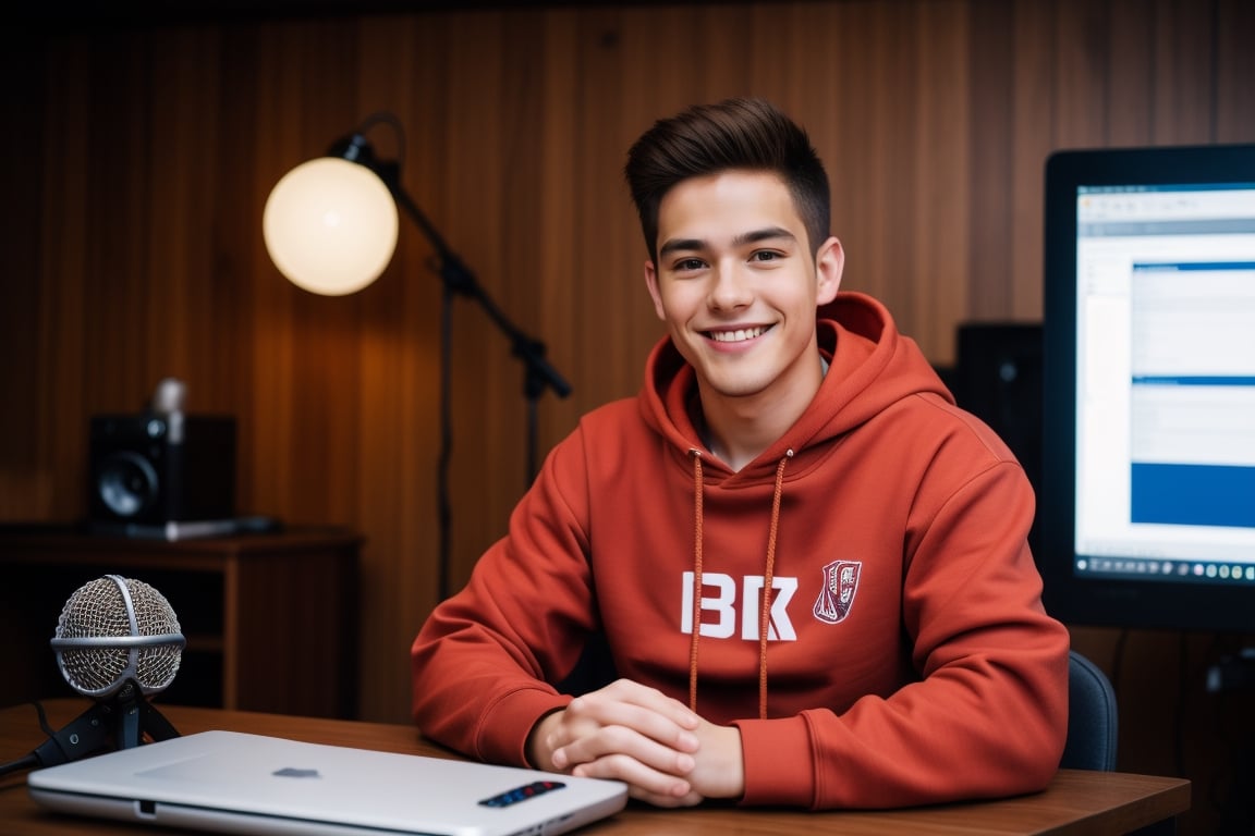 A young man,  wearing a red hoodie, sitting in a studio room, looking in the camera, computer desk, microphone, light at back, table in front, laptop on table, camera angle infornt of the face , little smile on face, high details 4k 