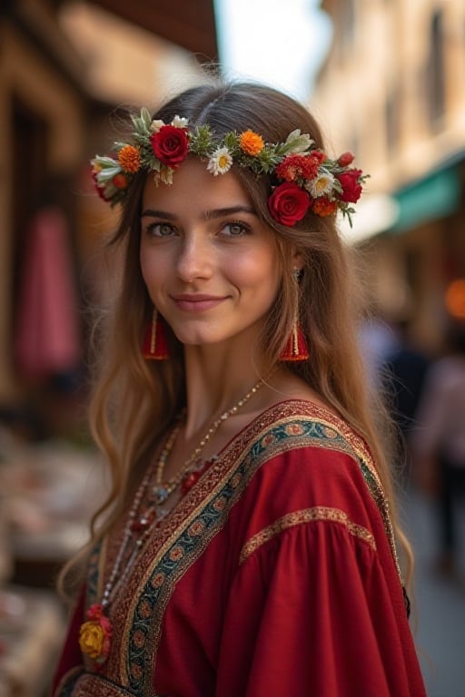 full shot,  beautiful roman young looking 18yo girl in roman market,  traditional roman attire by user_665806277175251465...