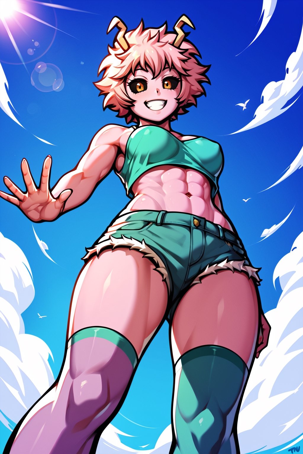 score_9, score_8_up, score_7_up, score_6_up, score_5_up, score_4_up, mina ashido,SFW, from below, heroic stan up