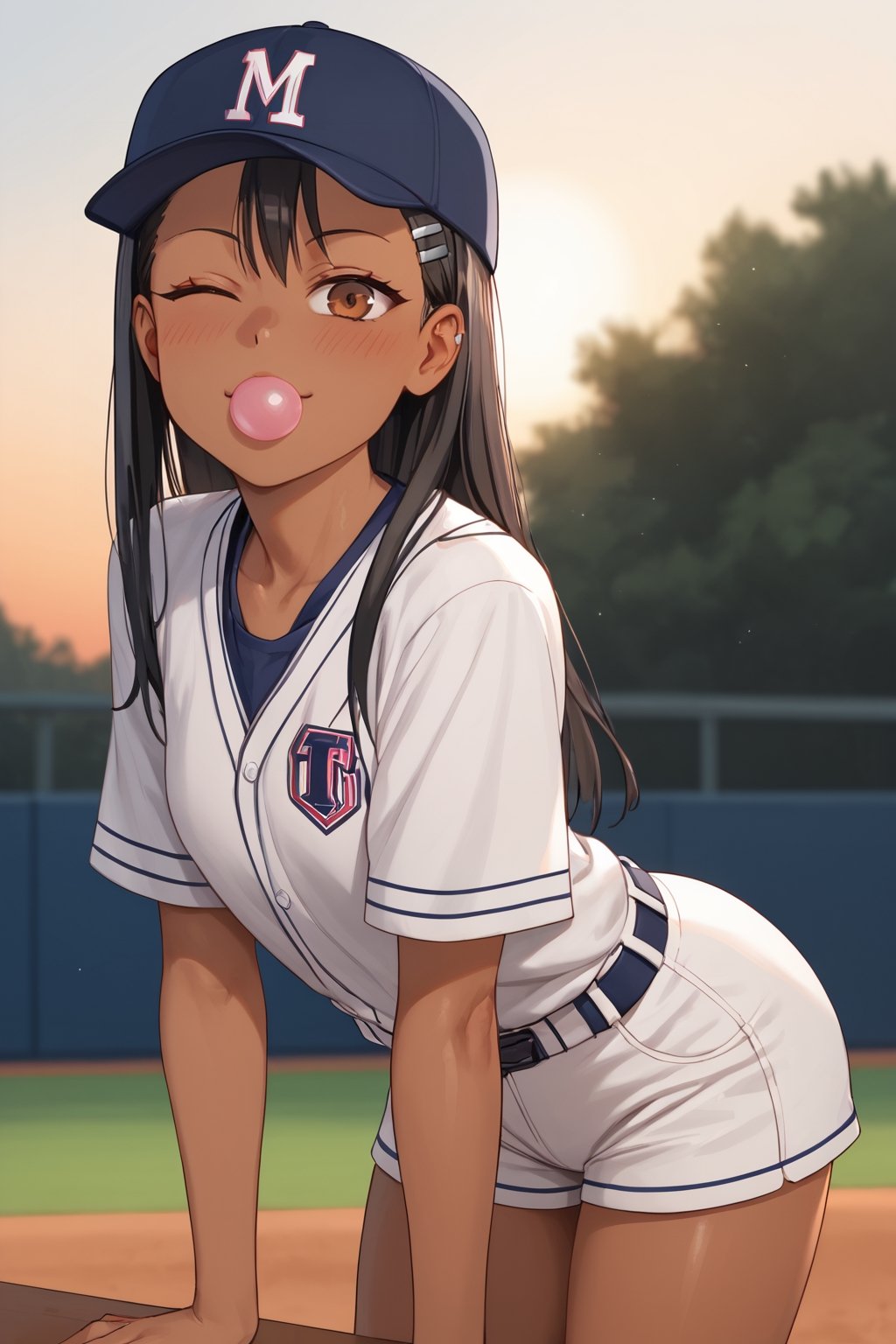 score_9, score_8_up, score_7_up, score_6_up BREAK solo, baseball uniform, shorts, baseball cap, looking at viewer, from side, bent over, arm support, sunset, ,wink,bubblegum,,AddXL,nagatoro_hayase, brown eyes, black hair, long hair, dark skin, dark-skinned female, tan, tanlines, hairclip