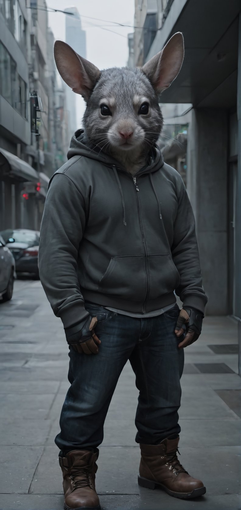 Create a chinchilla man, on futuristic Kawasaki, wearing hoddie and jeans, hood covering his head, big ears, boots, city, outdoors, looking in camera, high detailed, photo r3al, Movie Still,Walz