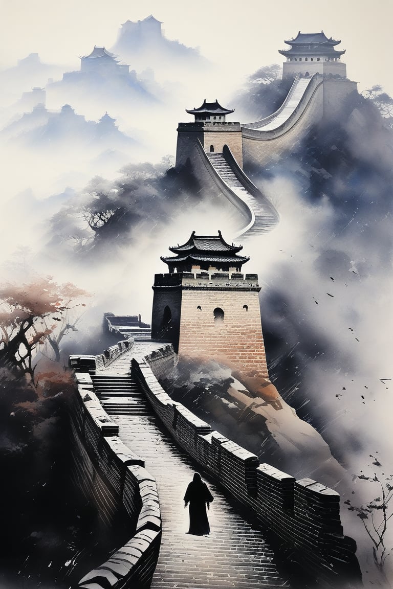 A majestic depiction of The Great Wall of China's serpentine structure unfolds before us, rendered in exquisite ink brushstrokes that evoke the mastery of ancient Chinese artists. The composition is framed by the wall's rugged stone architecture, with dramatic lighting casting long shadows across its craggy surface. A solitary figure, cloaked in misty mystery, stands at attention, a poignant contrast to the grandeur surrounding them.