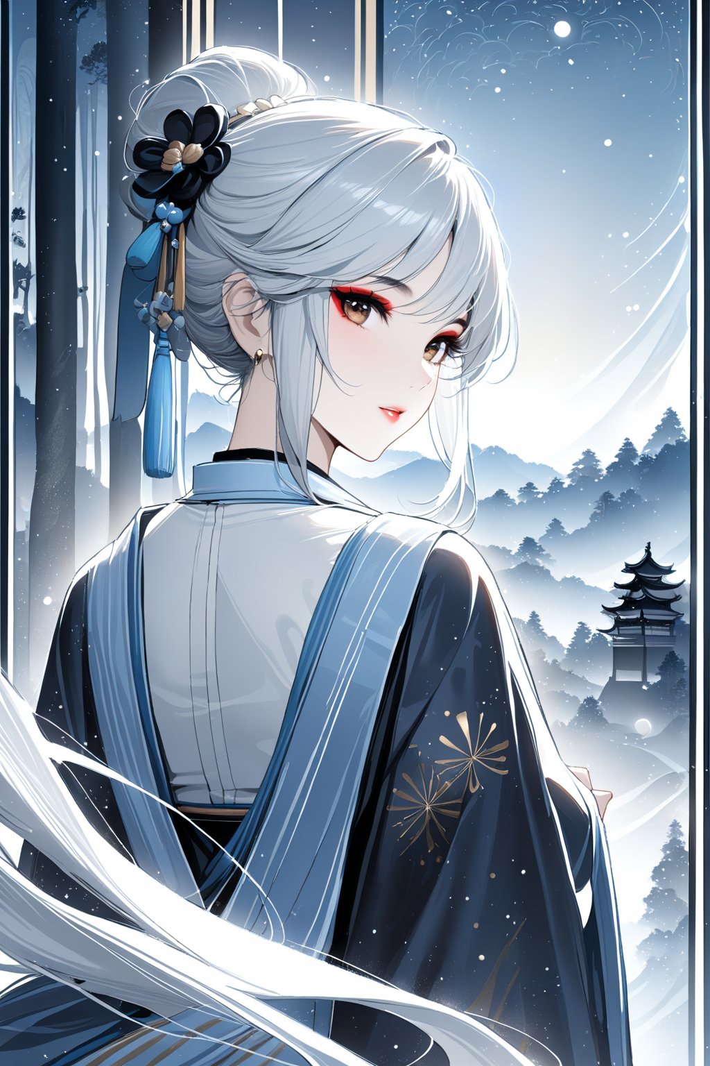 Very beautiful and elegant girl in hanfu, close-up, sumi-e forest in background, attractive asian makeup, Ink brushstrokes in background, stunning image, ((masterpiece: 2)), excellent quality, light particles, fine art parody, Ink art style