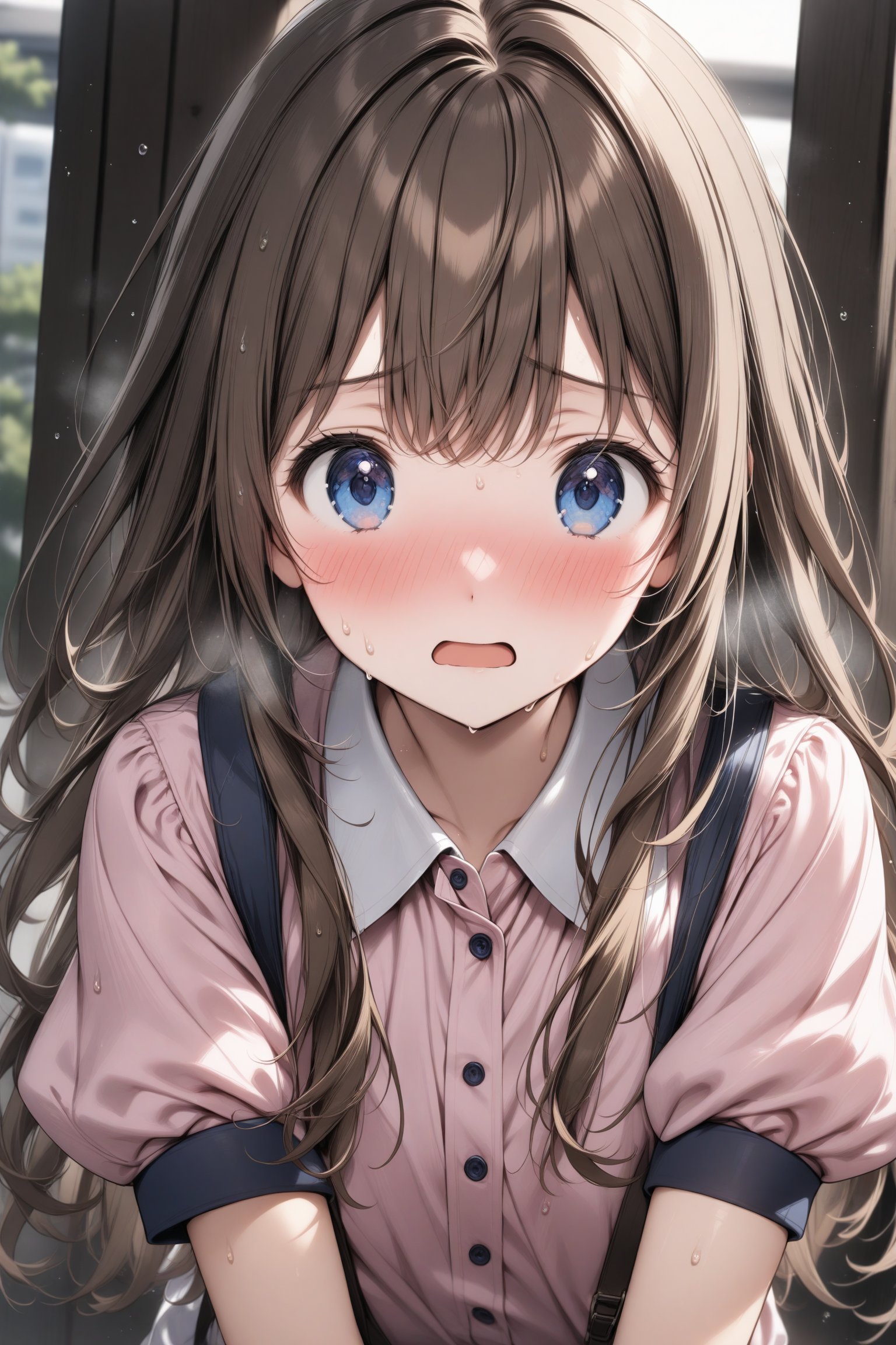 1girl, solo, long hair, blush, open mouth, bangs, blue eyes, brown hair, shirt, underwear, upper body, short sleeves, sweat, puffy sleeves, collared shirt, puffy short sleeves, embarrassed, pink shirt