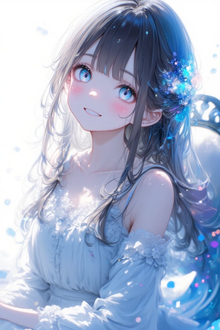 1girl, solo, long hair, full body, sitting in chair, looking at viewer, blush, smile, bangs, blue eyes, beautiful and detailed hair, beautiful eyes, very beautiful girl, elegant woman, smiling, happy, white background, glitch effect around all the image's background. Masterpiece quality, 8k, stunning image, light particles, attractive image, reflections, stunning girl.