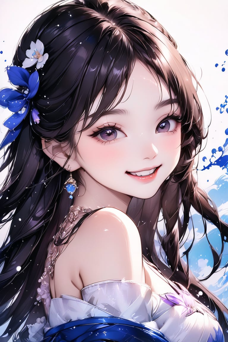 A very beautiful anime girl that is looking at viewer, she smiles; very elegant girl. Stunning and attractive image, detailed image, masterpiece quality, 8k, ink brushstrokes in background, Ink droplets in background, Anime art style, ink art. 