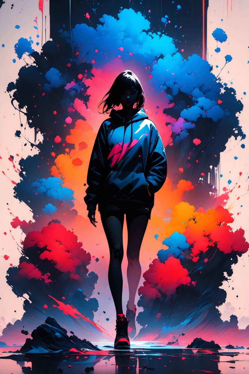 silhouette of a very casual girl,  ink bryshstrokes in background,  looking at viewer by -JSP- on Tensor.Art