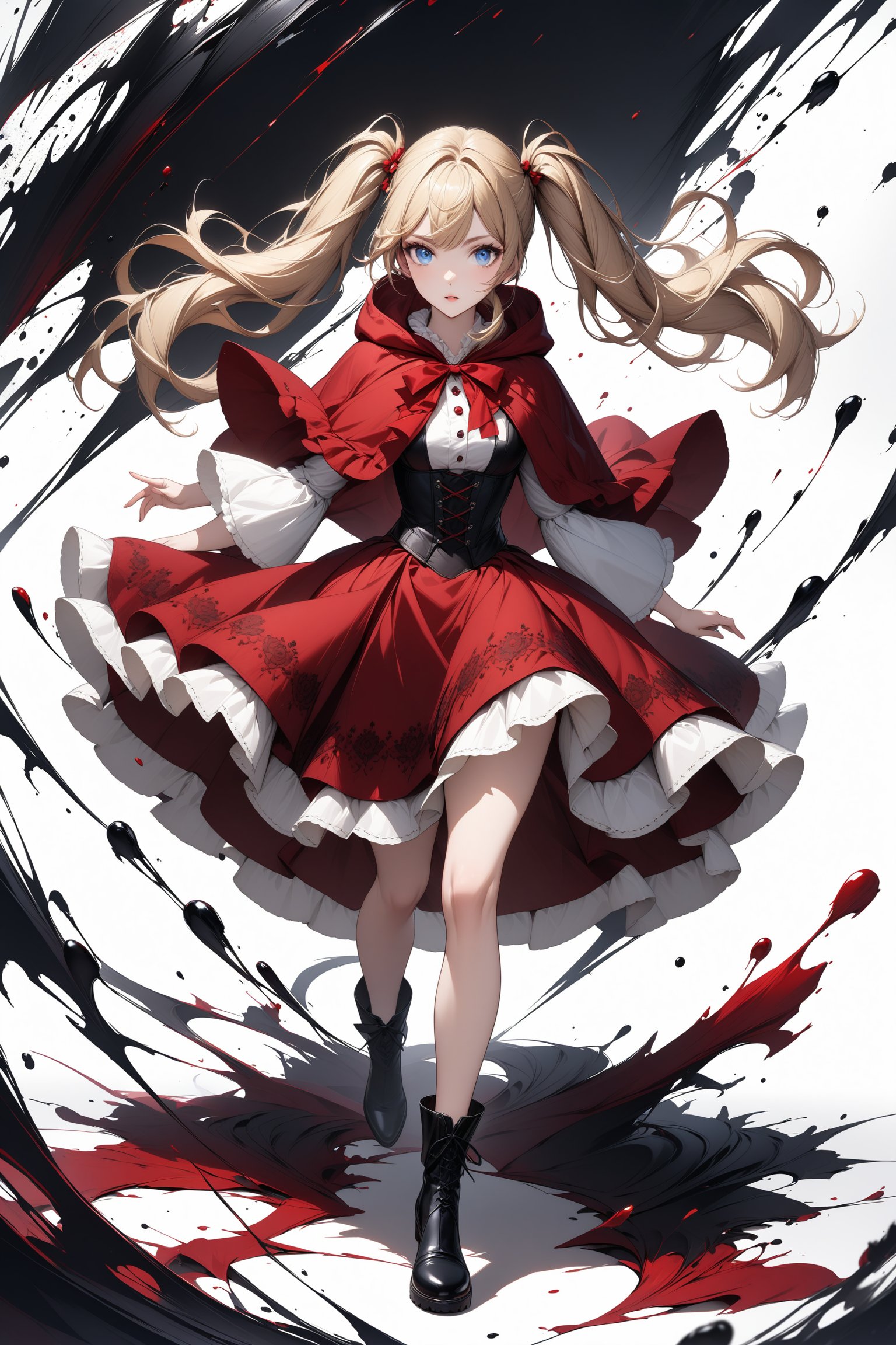 Beautiful girl. She is very badass, she wears a very fancy Little Red Riding Hood outfit. detailed image, detailed skin, full body, walking. ((twintails hairstyle)), blue eyes, blonde hair, white background, ink droplets in background.,Eyes,Beautiful eyes,INK