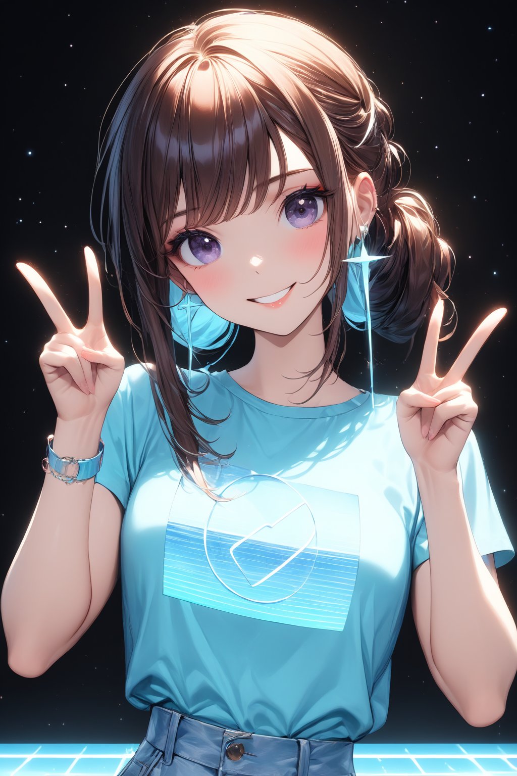 1girl, solo, holographic art, holographic clothes, stars, casual, making a peace sign with both hands, holographic casual outfit, random pose, random hairstyle, light particles, holographic makeup, ((masterpiece quality: 2))