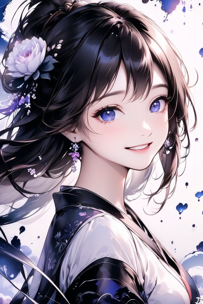 A very beautiful anime girl that is looking at viewer, she smiles; very elegant girl. Stunning and attractive image, detailed image, masterpiece quality, 8k, ink brushstrokes in background, Ink droplets in background, Anime art style, ink art. 