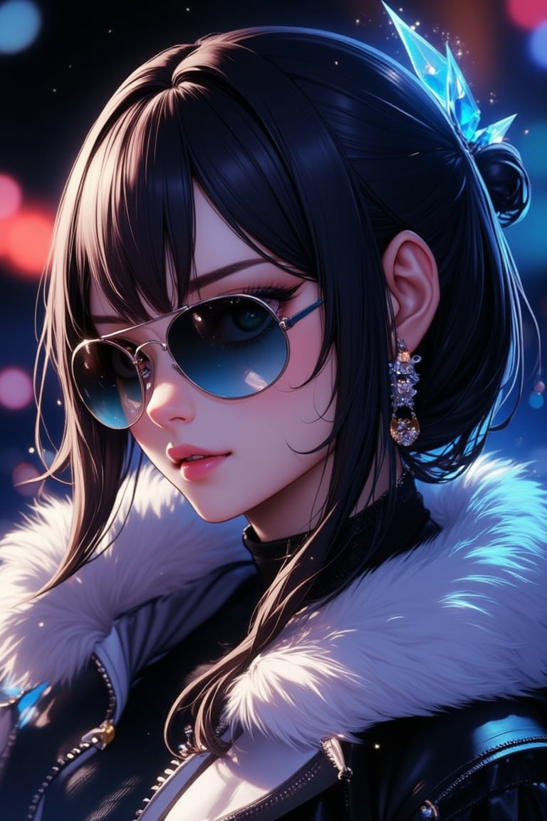 1girl, solo, long hair, looking at viewer, very badass girl, bangs, blue eyes, black hair, jewelry, jacket, upper body, sidelocks, earrings, parted lips, fur trim, black shirt, sunglasses, white jacket, zipper, looking over eyewear, ((masterpiece: 1.2)), light particles, stunning image, attractive image, digital art, professional style, anime style