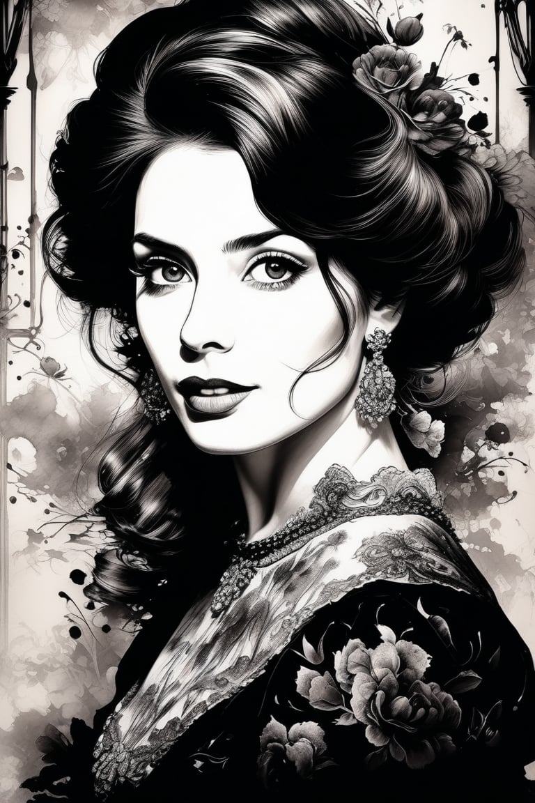 Great image of an extremely beautiful lady, victorian fashion, looking at viewer, makeup, ink dorplets, ink burshstrokes in background, fine art parody, stunning image, Ink art style.