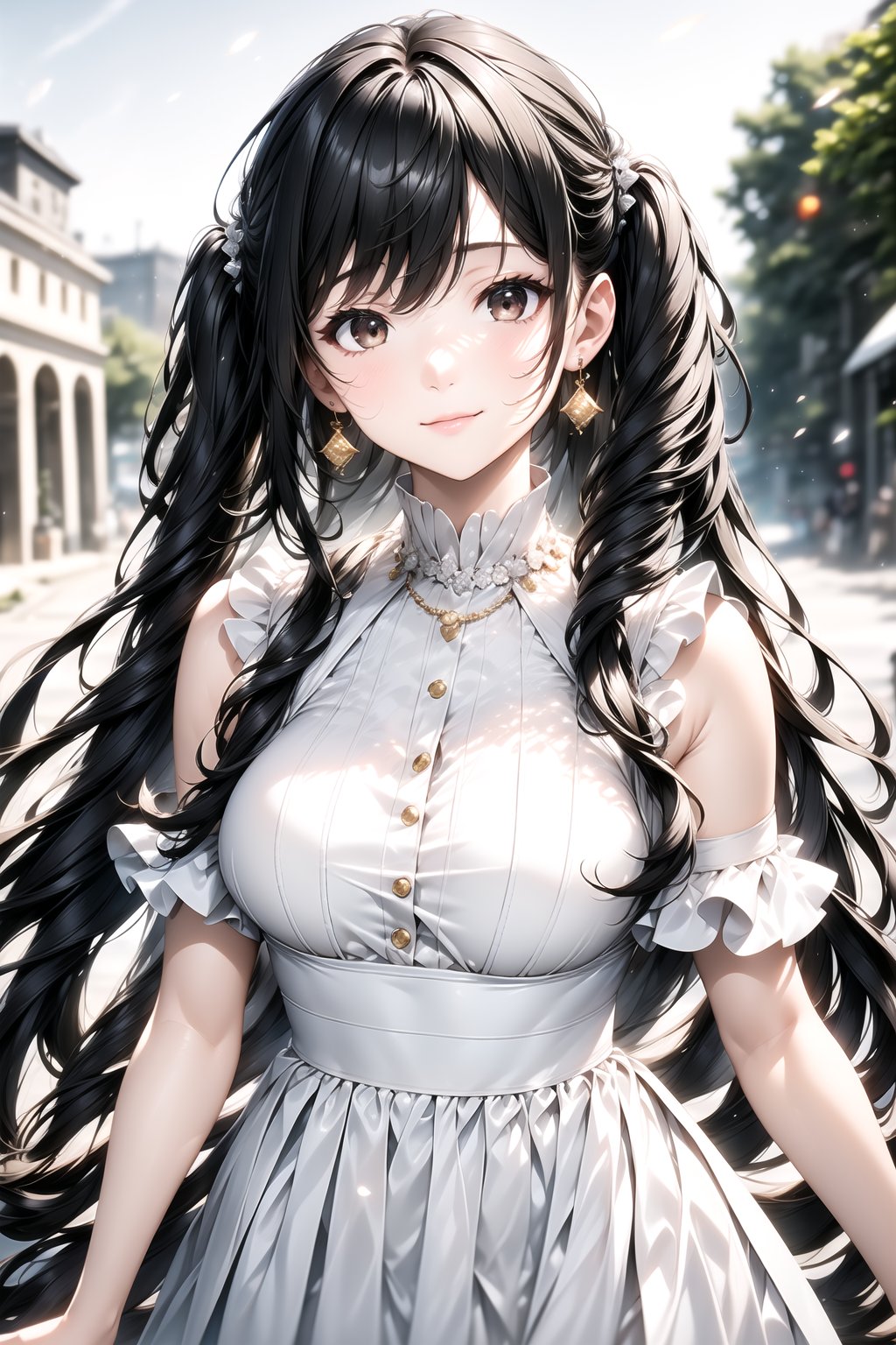 1girl, solo, long hair, looking at viewer, smile, bangs, black hair, dress, twintails, brown eyes, jewelry, closed mouth, upper body, earrings, outdoors, white dress, blurry, black eyes, lips, depth of field, blurry background, ground vehicle, professional style, 8k, light particles, blurry background.,Detail