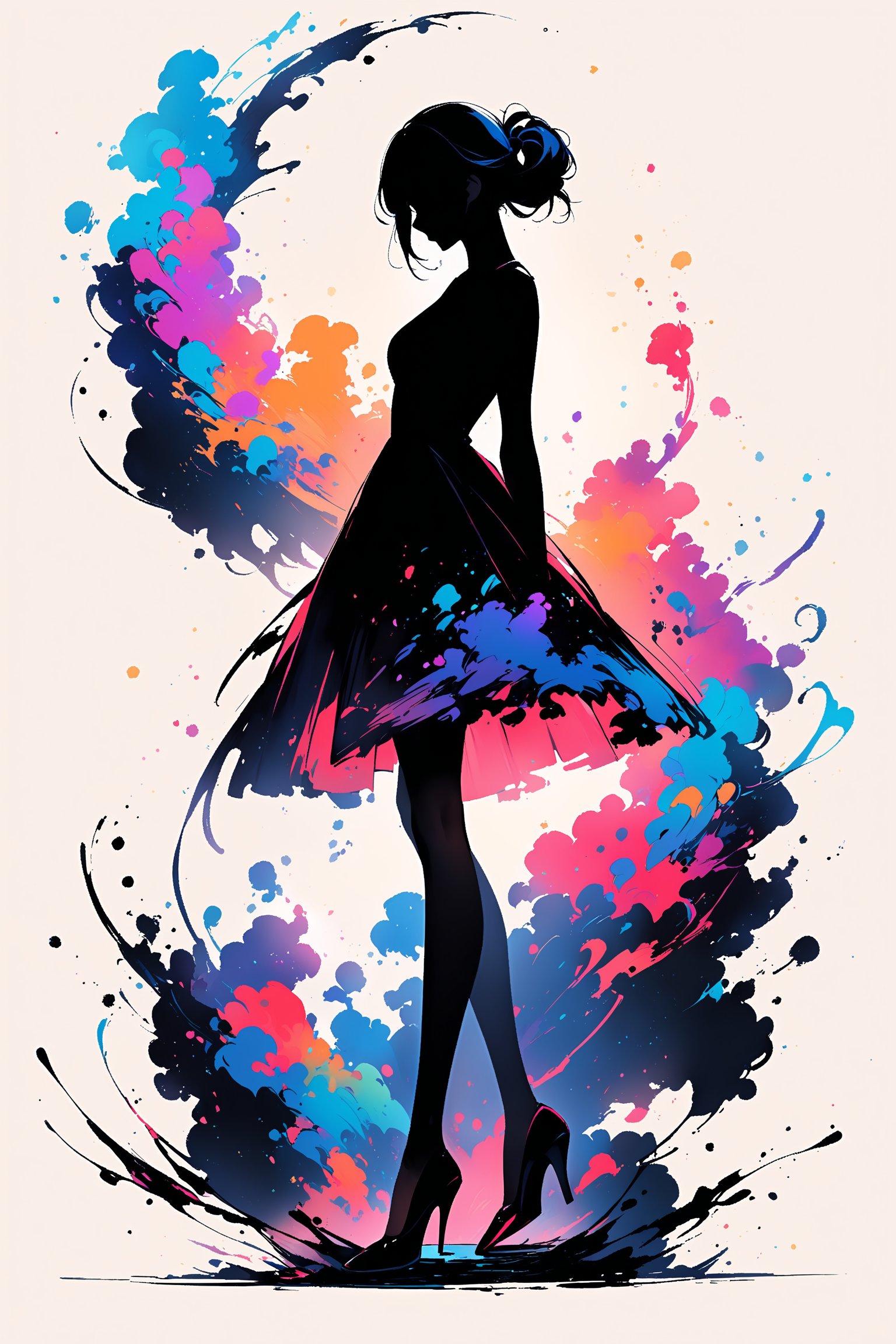 Silhouette of an elegant woman, full body, colorful, graceful silhuette, graceful pose, front view, no showing face, white backlground, brushstrokes in background, looking at viewer, logo aesthetics, masterpiece quality, elegant hairstyle, ((black silhouette)), INK