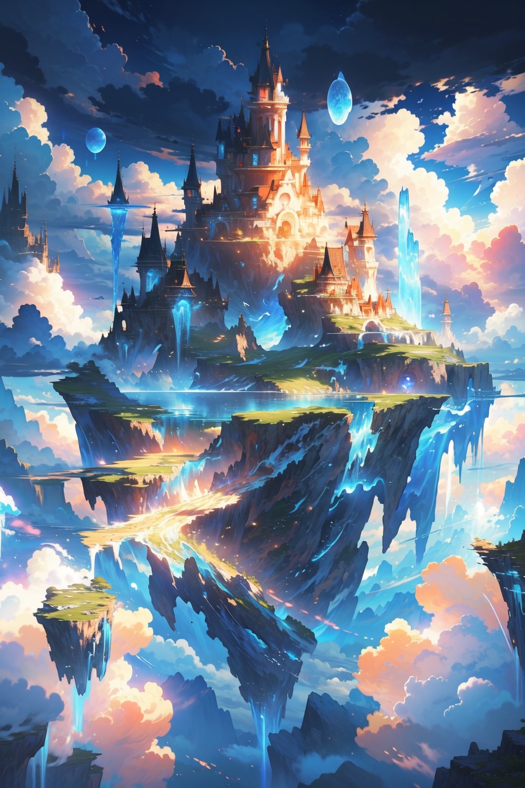 floating islands, beautiful landscape, stunning, watching the world, beautiful clouds, detailed image, stunning image, perfect use of light, ballad lighting, wind, floating islands. image of surreal fantasy. surreal fantasy world. well-detailed structures