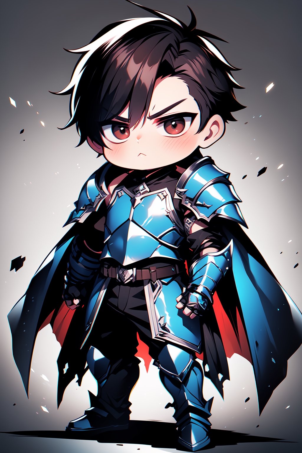 Very handsome and badass man, brown short hair. He wears a very badass battle armor (heavy plate armor, heavy metal shoulder pad, metal boots, badass cape). Chibi character,:<