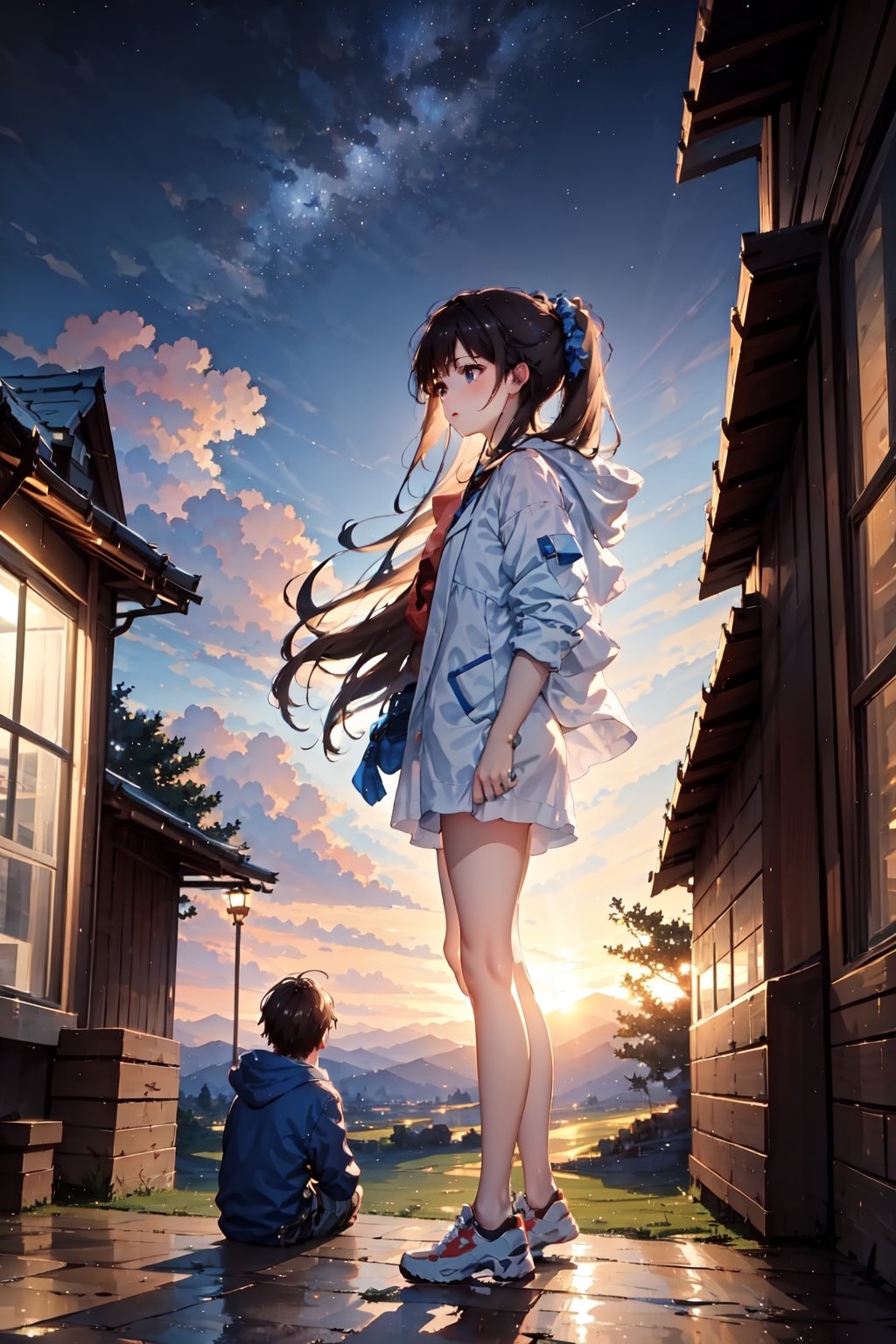 1boy, 1girl, beautiful landscape, night sky, starry sky, grand city, girl watching at sunset, beautiful clouds, beautiful sky, detailed image, beautiful trees, stunning image, perfect use of light, ballad lighting, wind,Detailed,masterpiece