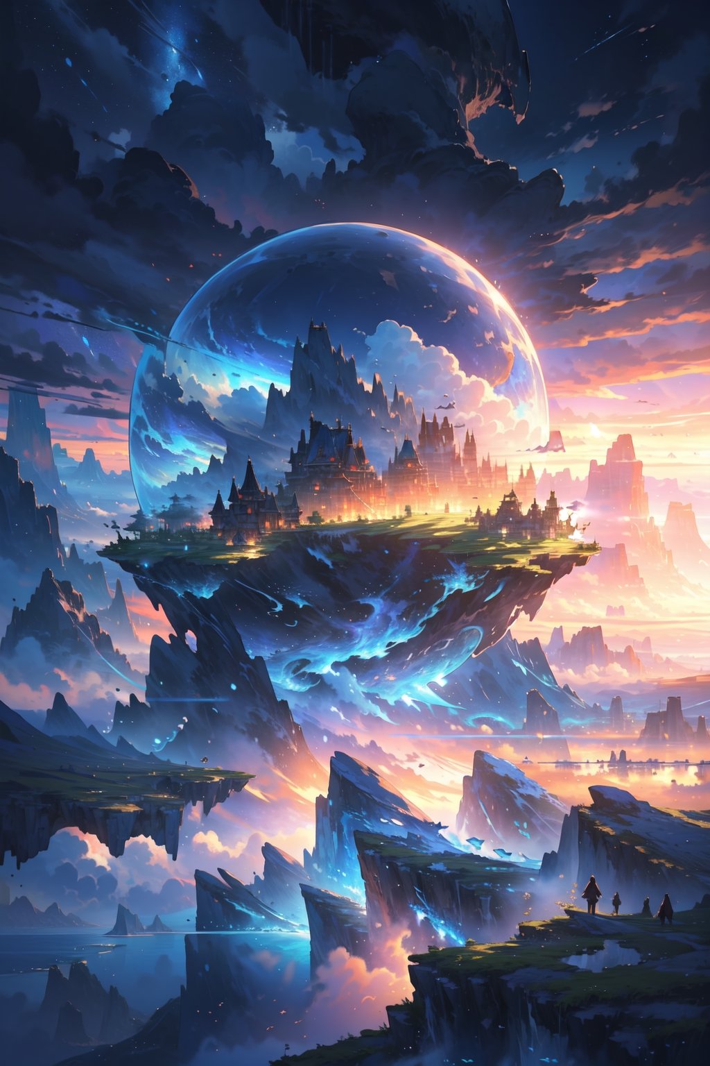 floating islands, beautiful landscape, stunning, grand mountains, watching the world, beautiful clouds, detailed image, beautiful skyscrapers, stunning image, perfect use of light, ballad lighting, wind, ocean. floating islands. image of surreal fantasy. whales in the air. surreal fantasy world.