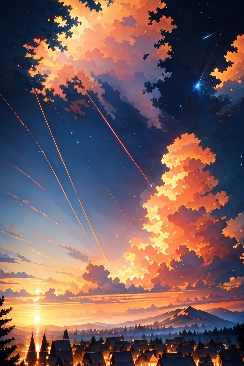 1cat, beautiful landscape, night sky, starry sky, grand city, majestic sunset, beautiful clouds, beautiful sky, detailed image, beautiful trees, stunning image, perfect use of light, ballad lighting, wind,Detailed,masterpiece,best quality