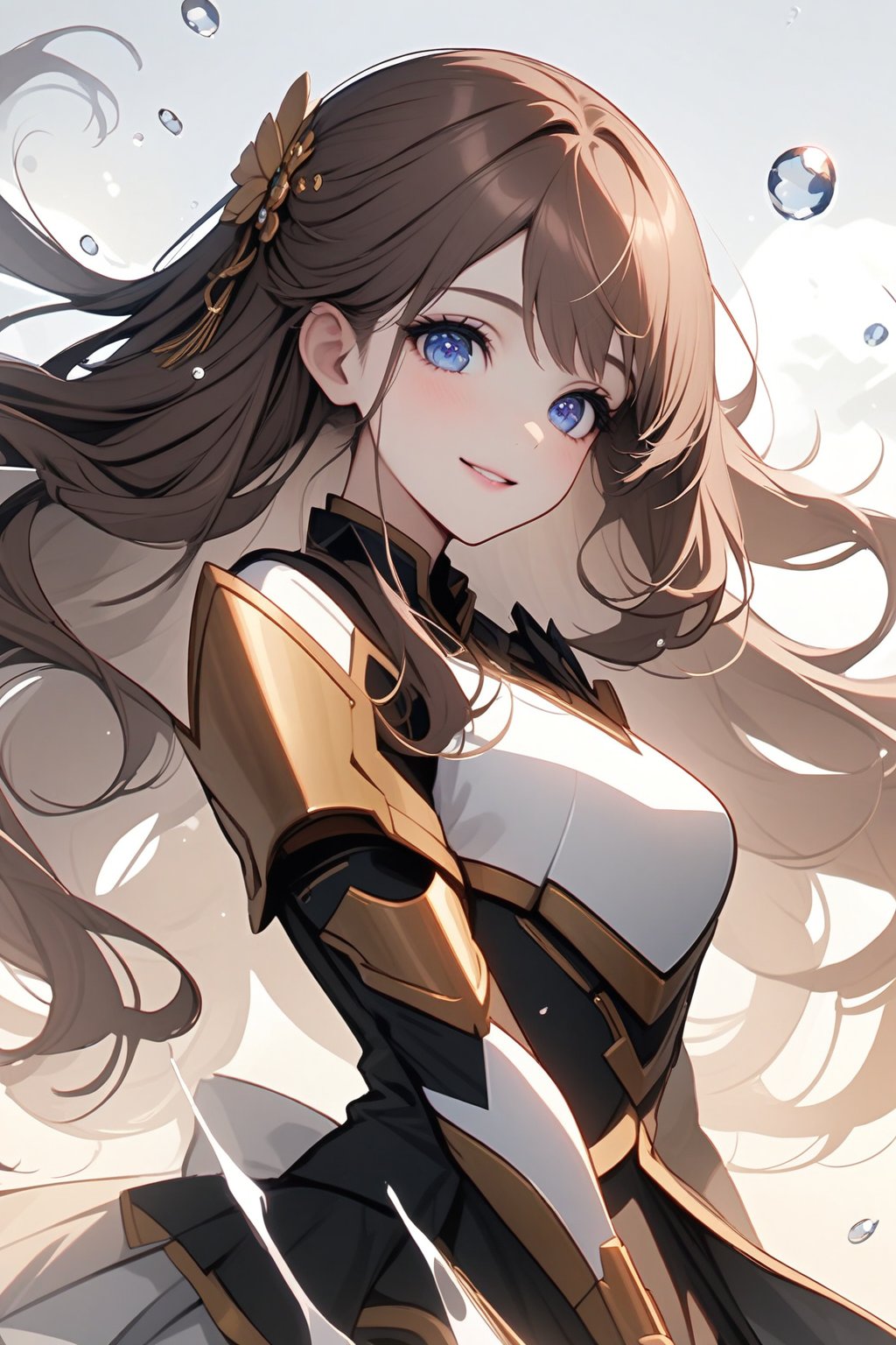 Beautiful girl. She is very elegant and charming girl, she wears a very badass bioarmor. detailed image, detailed skin, front view, medium shot, dynamic pose, looking at viewer, beautiful eyes, blue eyes. White background, water drop, elegant golden hairpin, ((masterpiece: 1.2)), light particles, ink droplets in background, brown hair, long hair, charming smile. Cute Anime.