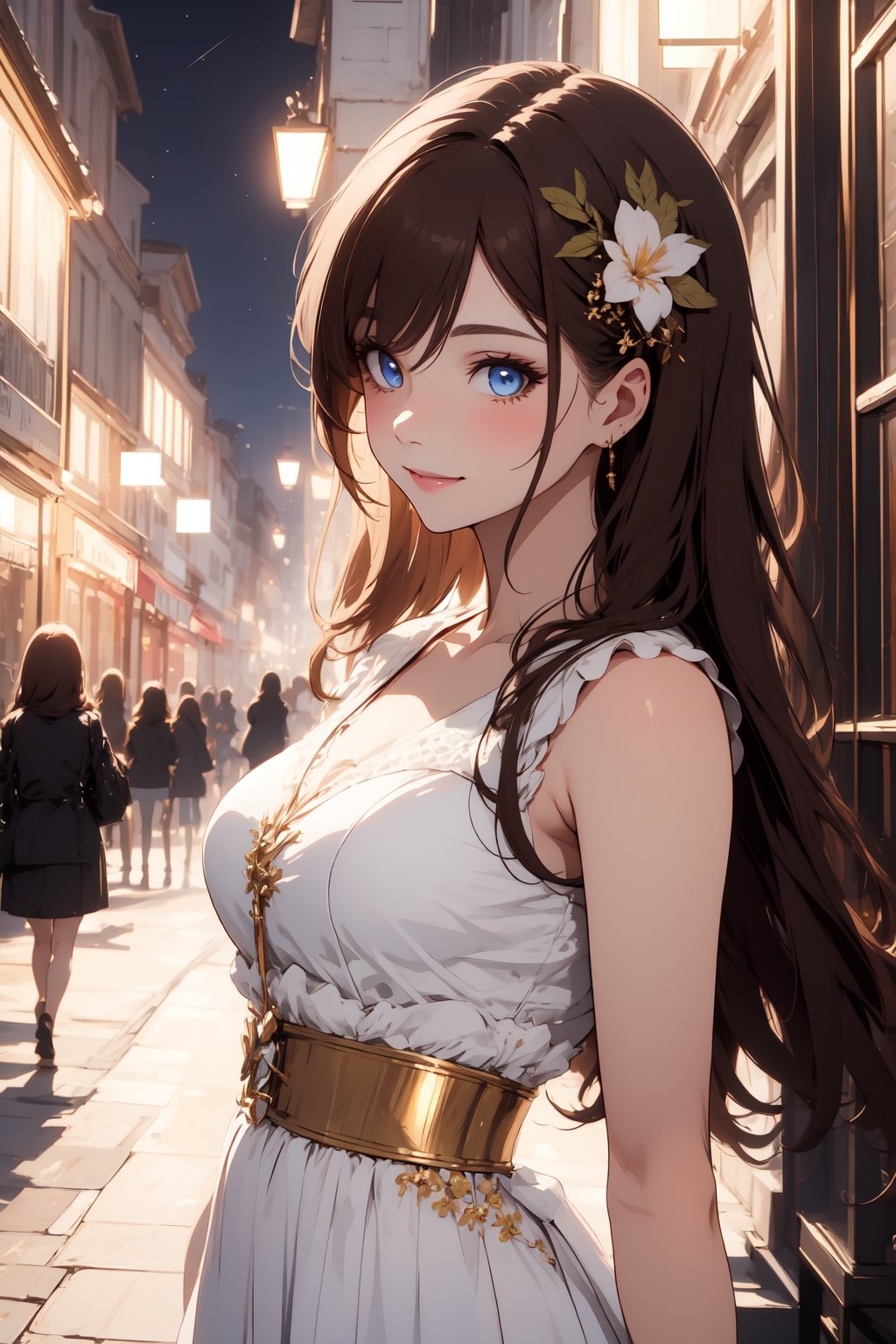 Beautiful girl. She is very badass. She's wearing a beautiful white hellenic dress. The background of the picture is a luxurious ancient city. Detailed eyes, detailed image, detailed skin; tender smile. Himecut hairstyle, light brown long hair, golden hairpin. blue eyes. Proportional and beautyful body. It's nightime.,pastelbg,Beautiful