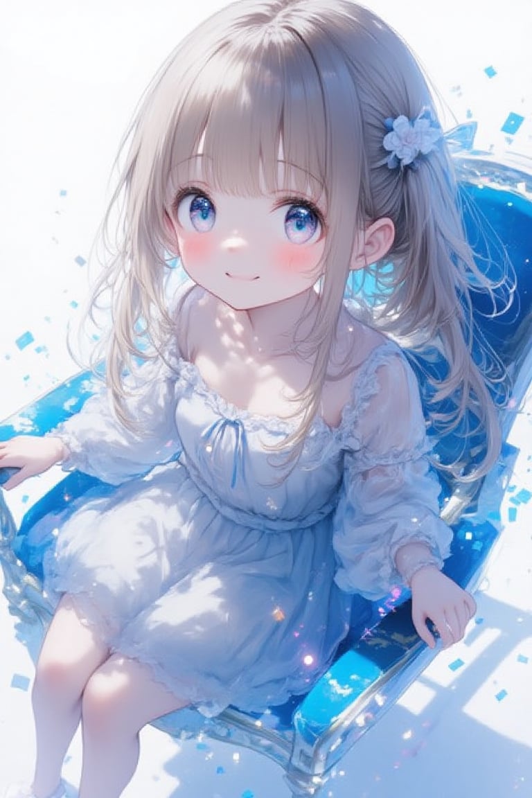 1girl, solo, long hair, full body, sitting in chair, looking at viewer, blush, smile, bangs, blue eyes, beautiful and detailed hair, beautiful eyes, very beautiful girl, elegant woman, smiling, happy, white background, glitch effect around all the image's background. Masterpiece quality, 8k, stunning image, light particles, attractive image, reflections, stunning girl.