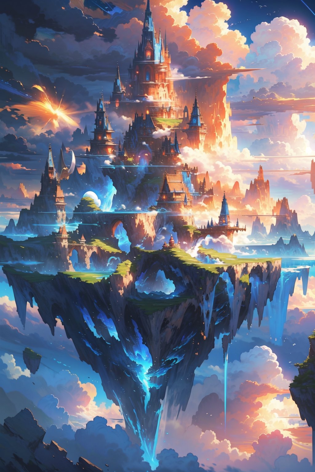 floating islands, beautiful landscape, stunning, watching the world, beautiful clouds, detailed image, stunning image, perfect use of light, ballad lighting, wind, floating islands. image of surreal fantasy. surreal fantasy world. well-detailed structures