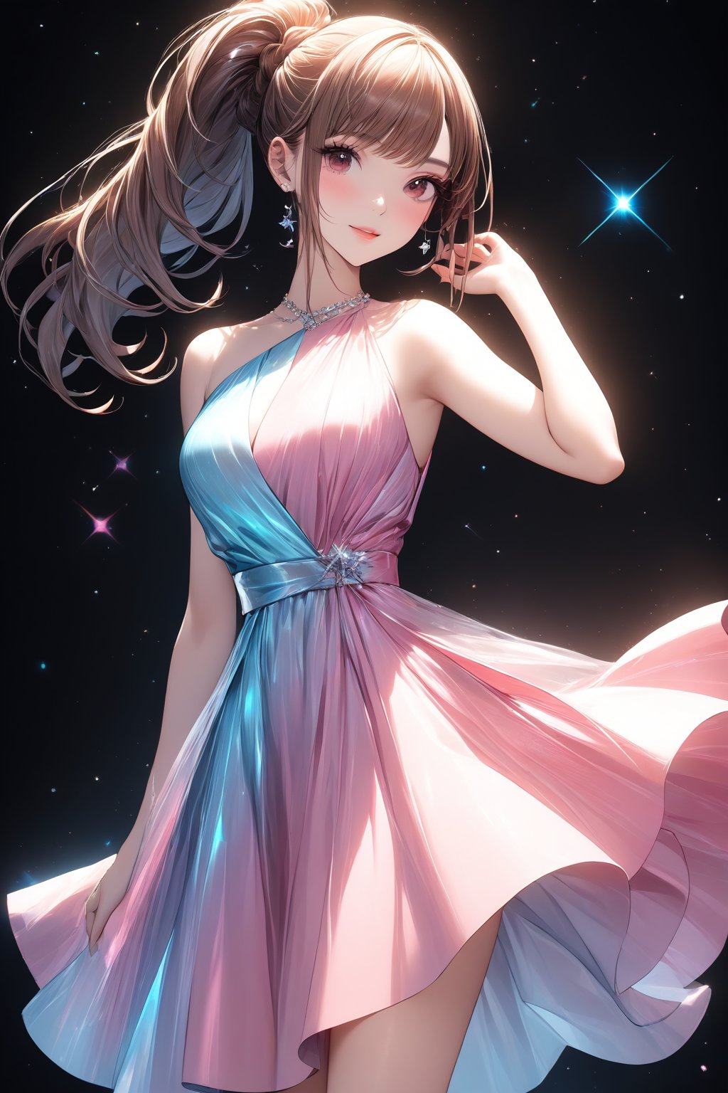 1girl, solo, holographic art, holographic clothes (luxurious dress), stars, casual, holographic casual outfit, random pose, random hairstyle, light particles, ponytail hairstyle, holographic makeup, stunning image, professional style, ((masterpiece quality: 2))