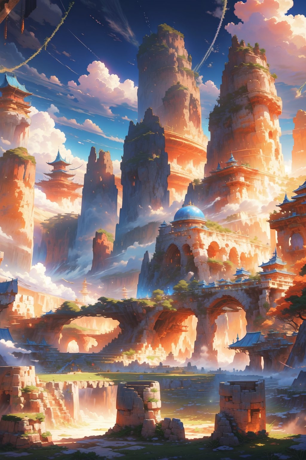 grand antasy ancient city, beautiful landscape, stunning, watching the world, beautiful clouds, detailed image, stunning image, perfect use of light, ballad lighting, wind. image of surreal fantasy. surreal fantasy world. well-detailed structures