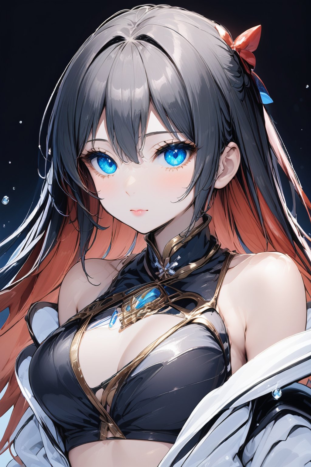 1girl, solo, long hair, breasts, looking at viewer, blush, bangs, blue eyes, large breasts, shirt, black hair, navel, cleavage, hair between eyes, bare shoulders, jewelry, medium breasts, closed mouth, collarbone, jacket, upper body, red hair, multicolored hair, open clothes, sleeveless, midriff, off shoulder, stomach, two-tone hair, open jacket, lips, crop top, black shirt, sleeveless shirt, halterneck, white jacket, colored inner hair