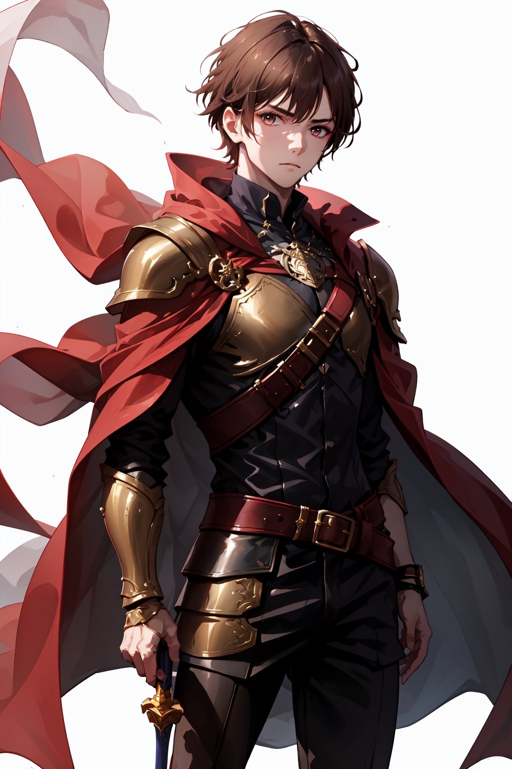 solo, 1boy, armor, white background, badass, masterpiece, 8K, masterpiece quality, male focus, brown hair, short hair, cape, red cape, handsome boy, brow eyes, sword, looking at viewer, standing, masculine appreance.