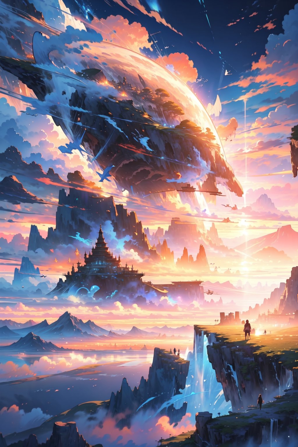 floating islands, beautiful landscape, stunning, grand mountains, watching the sunrise, beautiful clouds, detailed image, beautiful skyscrapers, stunning image, perfect use of light, ballad lighting, wind, ocean. floating islands. image of surreal fantasy. whales in the air.