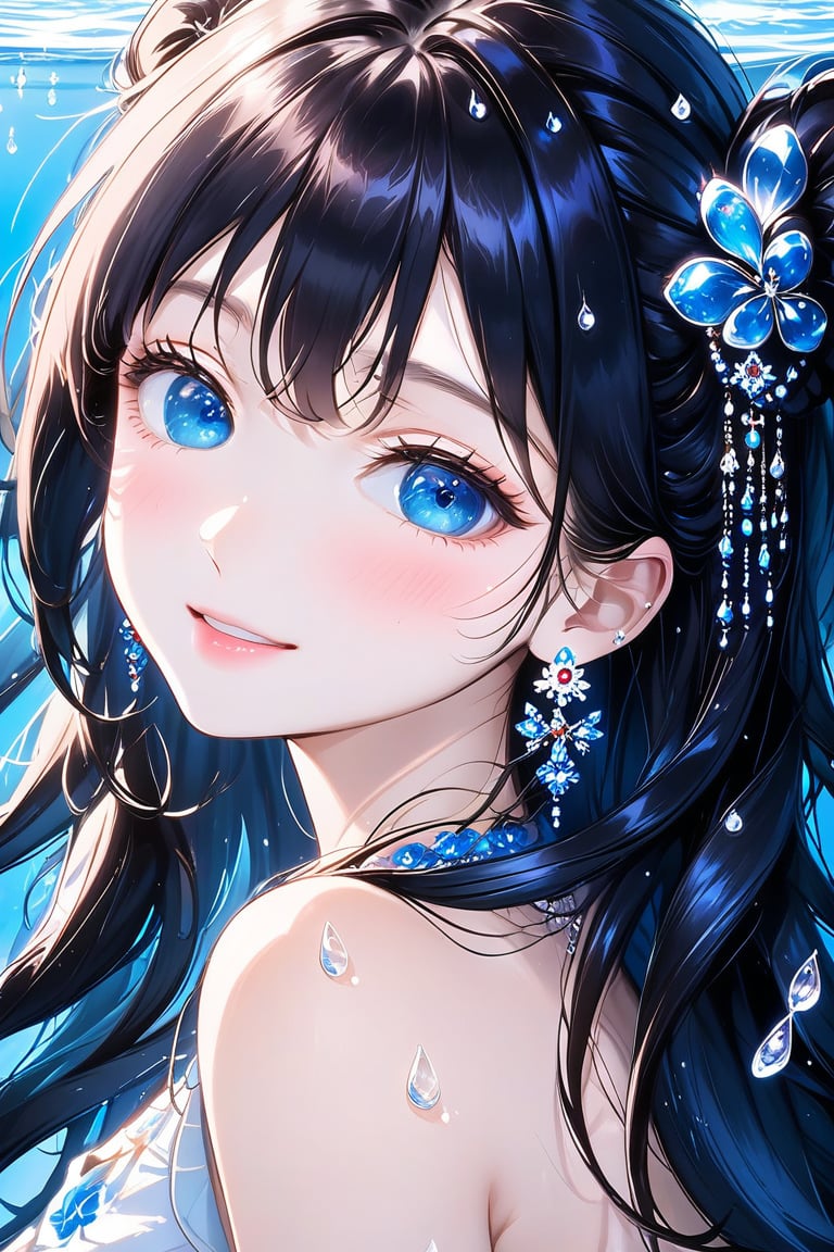 1girl, solo, long hair, twintail hairstyle, looking at viewer, blush, bangs, black hair ornament, jewelry, blue eyes, wavy hair, earrings, cute outfit, parted lips, blurry, eyelashes, ((masterpiece: 2)), excellent quality, light particles, water drop, ((stunning_image: 1.5)), Anime art style.