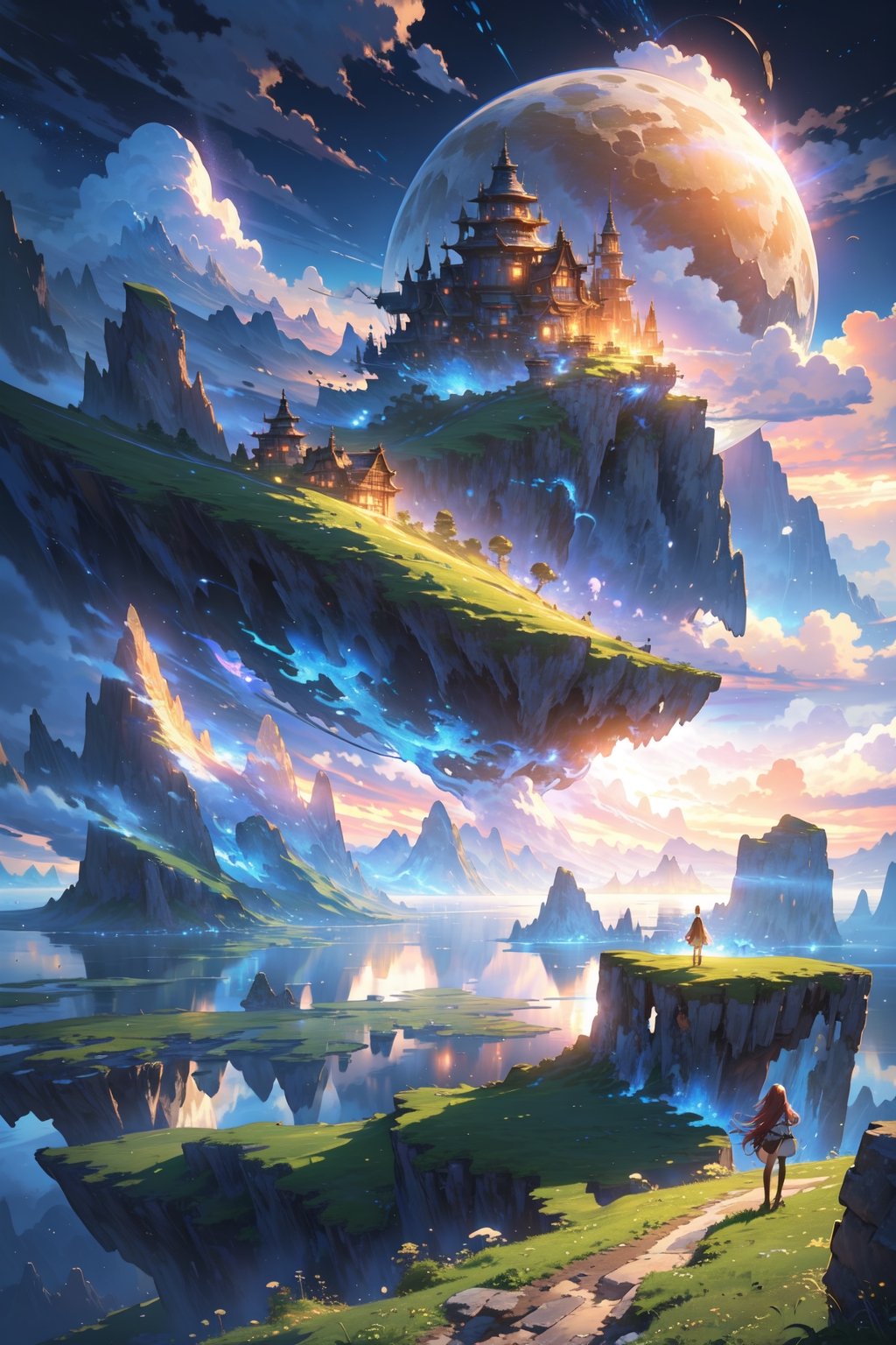 floating islands, beautiful landscape, stunning, watching the landscape, beautiful clouds, detailed image, stunning image, perfect use of light, ballad lighting, wind, floating island. image of surreal fantasy. surreal fantasy world. two moons