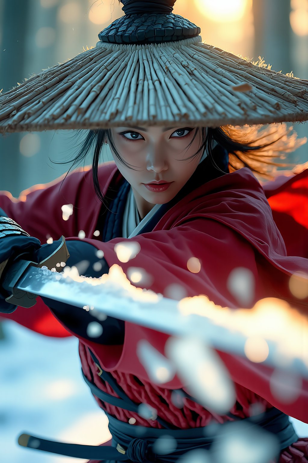 Create a dynamic close-up portrait of a samurai woman in a weathered, broad sedge hat, caught mid-action as she executes a powerful katana strike. The focus is on her intense expression, with sharp, determined eyes partially visible under the shadow of her hat. The katana slices through the icy ground in front of her, sending shards of ice flying in all directions, some of them disintegrating from the sheer force. Her red armor glows subtly in the light of the setting sun, with rays piercing through the ice forest behind her. Her billowing linen cape, frozen in motion, adds a sense of drama. The depth of field should blur the background slightly, emphasizing the photorealistic details of her face, the intricate design of her armor, and the sharpness of the katana. The scene should have a fantasy feel, blending realism with anime-inspired aesthetics, highlighting the beauty and power of the samurai woman.