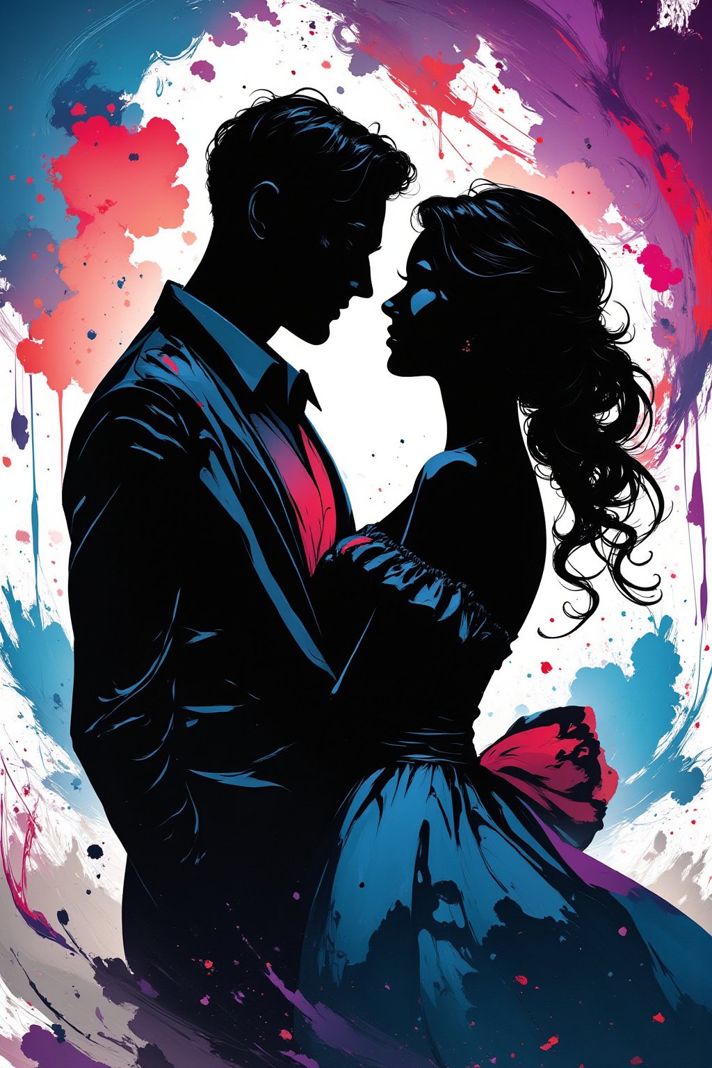 Silhouette of couple (man and woman), looking each other, upper body, colorful, graceful silhuette, graceful pose, front view, no showing face, white backlground, brushstrokes in background, looking at viewer, logo aesthetics, masterpiece quality, elegant hairstyle, ((black silhouette)), Ink art style 