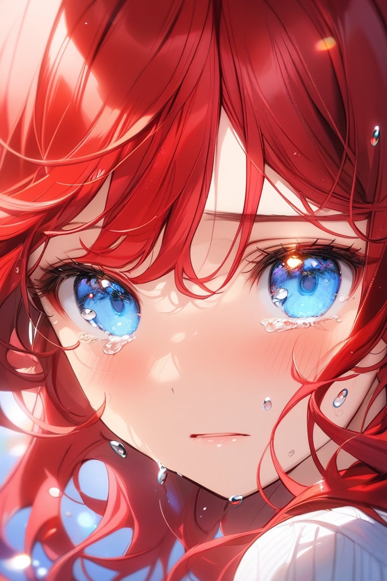 1girl, solo, masterpiece quality, looking at viewer, blush, blue eyes, red hair, tears, blurry, eyelashes, crying, portrait, medium shot, reflection, crying with eyes open,Eyes