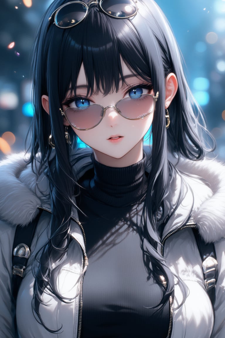 1girl, solo, long hair, looking at viewer, very badass girl, bangs, blue eyes, black hair, jewelry, jacket, upper body, sidelocks, earrings, parted lips, fur trim, black shirt, sunglasses, white jacket, zipper, looking over eyewear, ((masterpiece: 1.2)), light particles, stunning image, attractive image, digital art, professional style, anime style