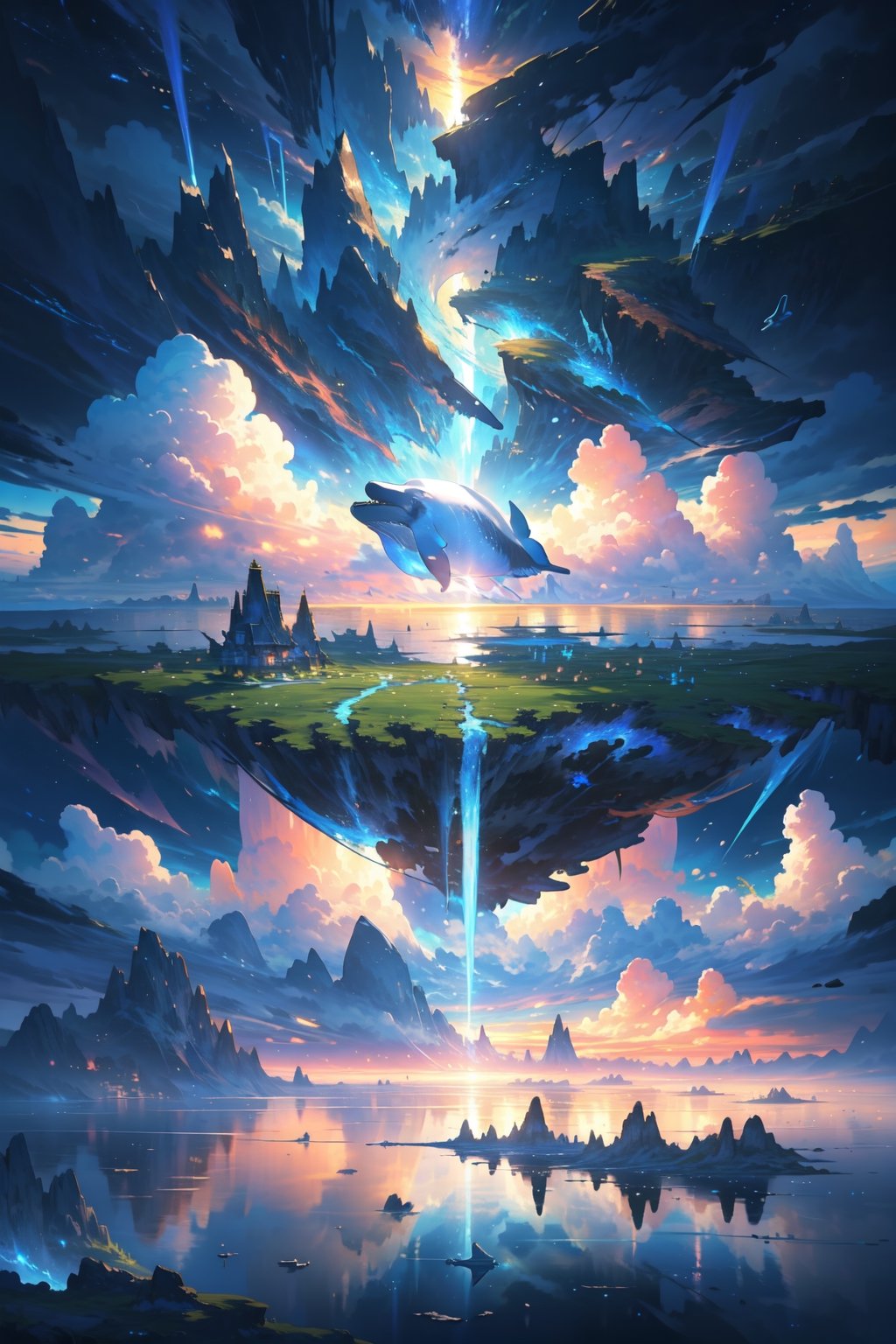 floating islands, beautiful landscape, stunning, watching the world, beautiful clouds, detailed image, stunning image, perfect use of light, ballad lighting, wind, floating islands. image of surreal fantasy. whales in the air. surreal fantasy world.