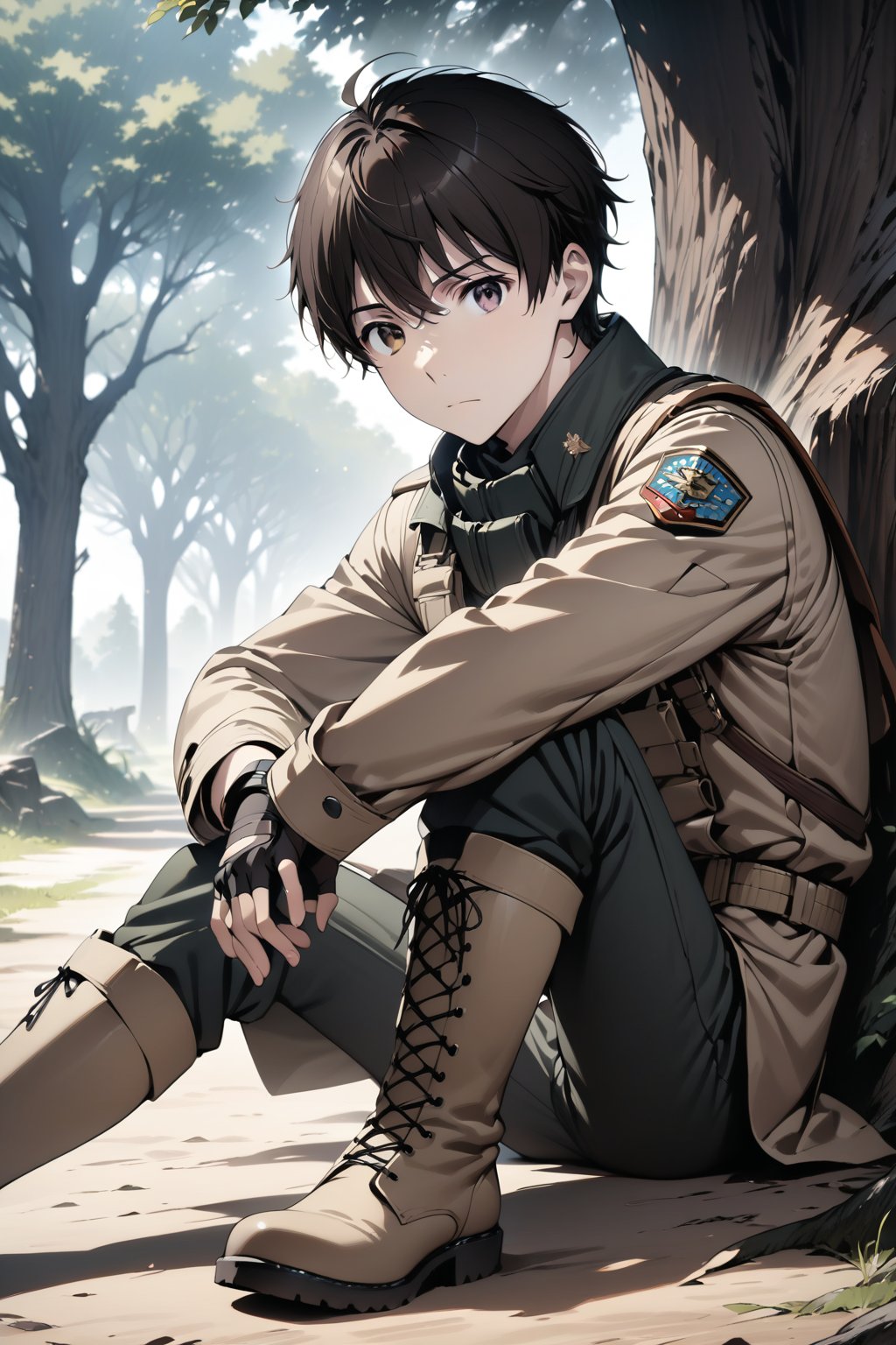 solo, brown hair, gloves, 1boy, brown eyes, sitting, male focus, boots, fingerless gloves, uniform, tree, military, military uniform, heterochromia (one eyes red), looking at viewer, male focus, stunning image, ((masterpiece: 2)),Inaho Kaizuka