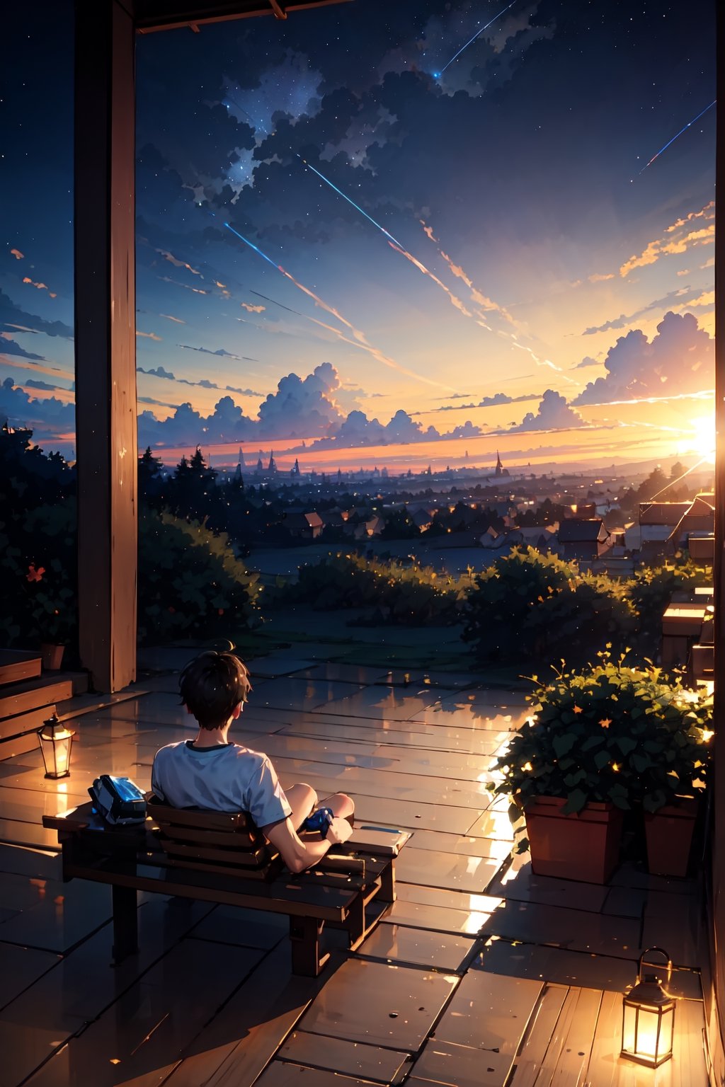 1boy beautiful landscape, night sky, starry sky, grand city, boy watching at sunset, beautiful clouds, beautiful sky, detailed image, beautiful trees, stunning image, perfect use of light, ballad lighting, wind,Detailed,masterpiece