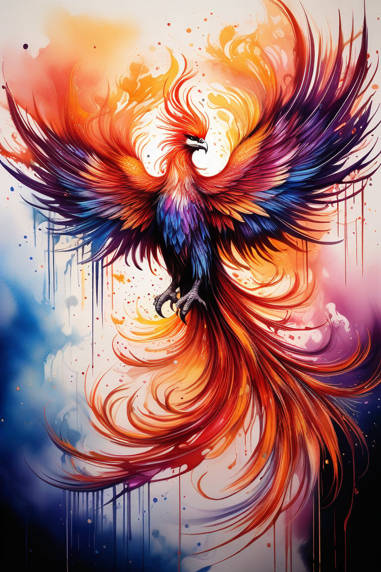 A majestic phoenix rises from a wispy veil of intricate ink brushstrokes, with delicate droplets glistening like tears of creativity. Soft focus in the background blurs the subtle texture of fine paper, while the subject's resplendent plumage shimmers in vivid hues, as if illuminated by an unseen light source. The overall composition is reminiscent of a fine art masterpiece, inviting the viewer to marvel at its wallpaper-quality grandeur.