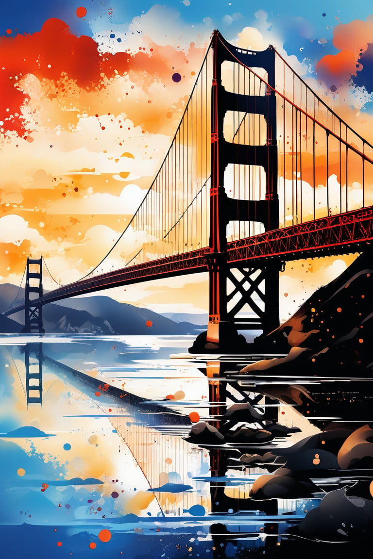 Very dynamic and beautiful image of Golden Gate bridge, ink artwork, stunning image, extremely beautiful pic, fine art parody, ink droplets.